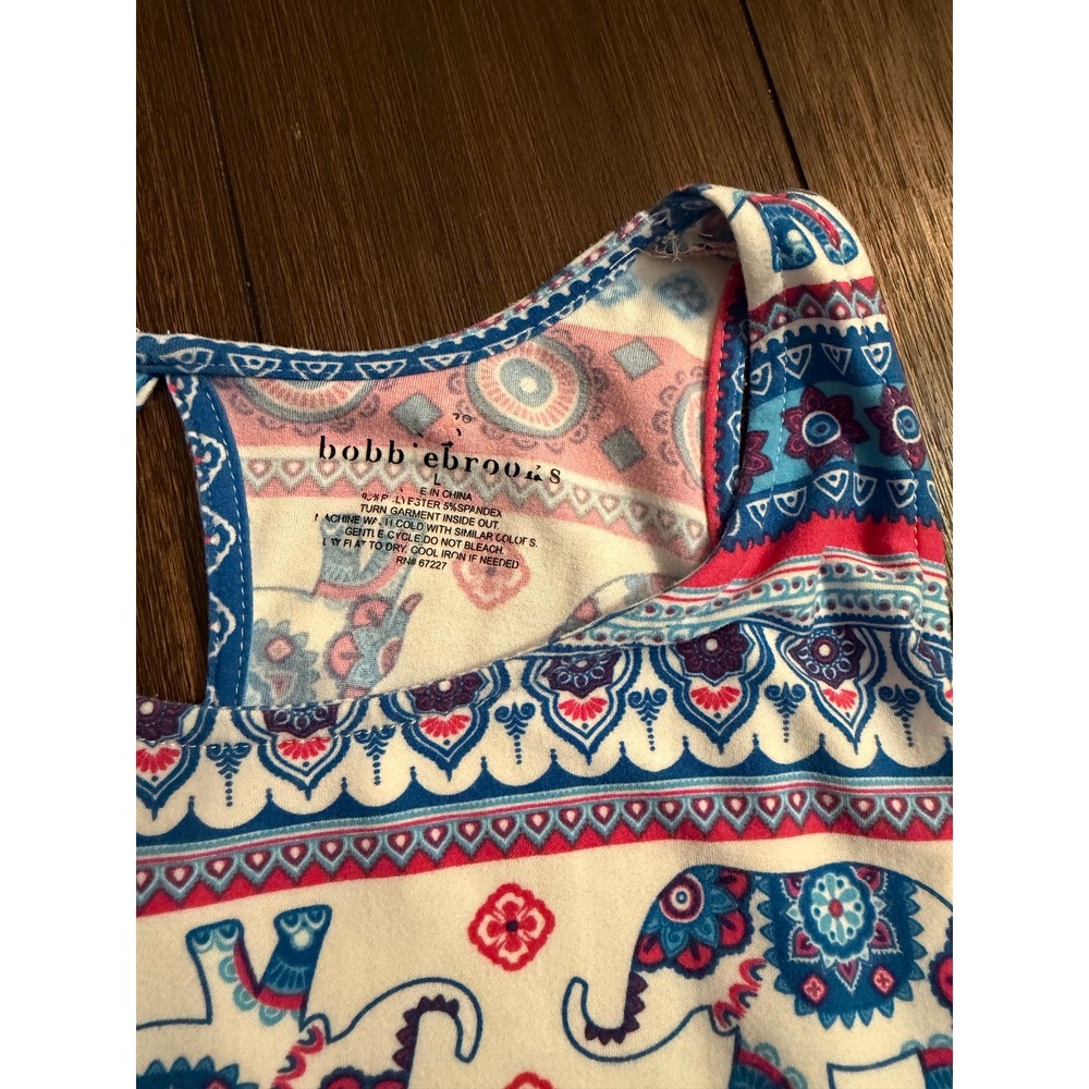 Bobbie Brooks Blue Pink Elephant Print Sleeveless Keyhole Back Shift Dress Large - Picture 4 of 5